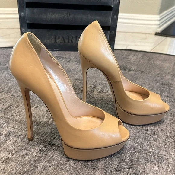 Casadei Nude Leather Peep Toe Platform Pumps - Picture 4 of 10